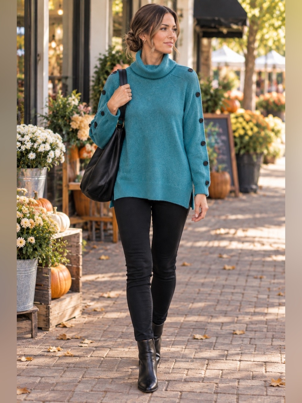 Apt. 9 Teal Metallic Knit Turtleneck Button Sleeve Sweater Size S